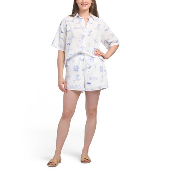 BY FRANKIE White/Blue Cotton Paradiso Wave Short Set - Picture 1 of 2